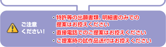 ご注意ください！ 1.特許等の出願書類、明細書のみでの提案はお控えください 2.直接電話でのご提案はお控えください 3.ご提案時の試作品送付はお控えください